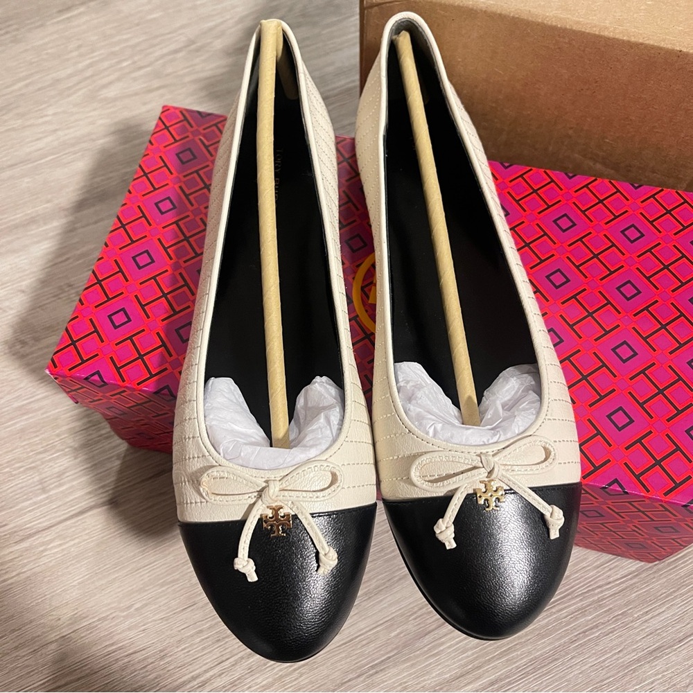 Cream and Black Leather Ballet Flats